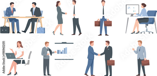 Collection of professional business people vector illustrations featuring corporate office characters shaking hands working on laptops and giving presentations for modern workplace teamwork and 