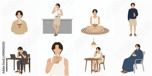 Minimalist Faceless Character Man Relaxing at Home Lifestyle Illustration Set