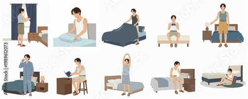 Simple Style Man Daily Life Activity in Bedroom Illustration Set