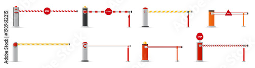 Parking barrier system. Industrial park entrance control with stop signs with automatic gate arms and metal posts. Vector traffic infrastructure for organized vehicle flow and restricted entry zones