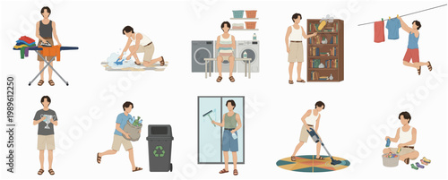 Flat Illustration Man Doing Various Household Chores Daily Activity