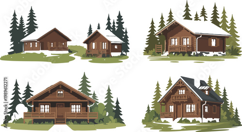 Foto Collection of rustic mountain log cabin vector illustrations featuring cozy wooden houses in pine forest landscapes for outdoor adventure travel and wilderness vacation rental concepts