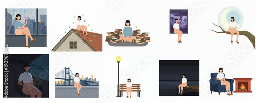 Conceptual Digital Illustration of Woman Sitting in Different Urban Scenarios