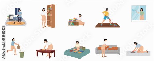 Flat Design Home Cleaning Routine Collection of People Doing Housework