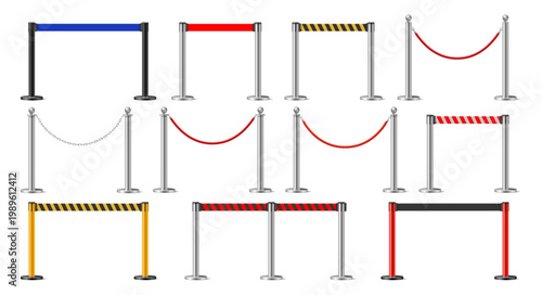 Barrier belt systems with metal stanchions. Safety queue control setup. Industrial crowd manage equipment for guidance and restricted access zones. Vector realistic durable structure for public space