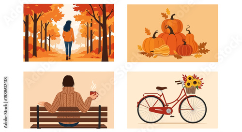 Flat design vector illustration of autumn harvest pumpkins and cozy hot drink enjoying fall season lifestyle on a warm outdoor setting