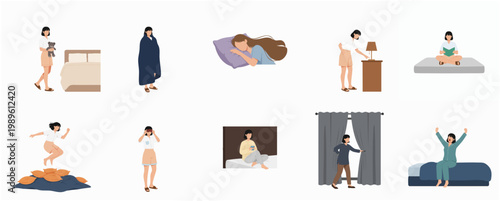 Minimalist Flat Illustration of Daily Activity Before and After Sleeping Routine