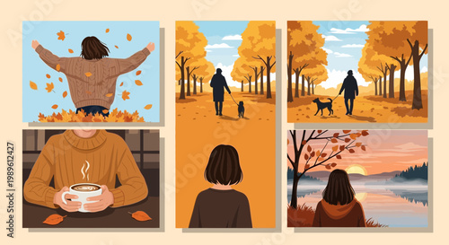 Flat design vector illustration of autumn season lifestyle people enjoying warm drinks outdoors in vibrant fall foliage setting