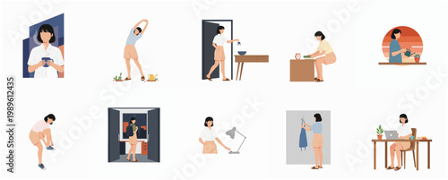 Minimalist Lifestyle Flat Design Daily Routine of a Woman Illustration Set