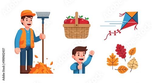 Flat design vector illustration of gardening and autumn harvest concepts showing seasonal change and outdoor lifestyle activities