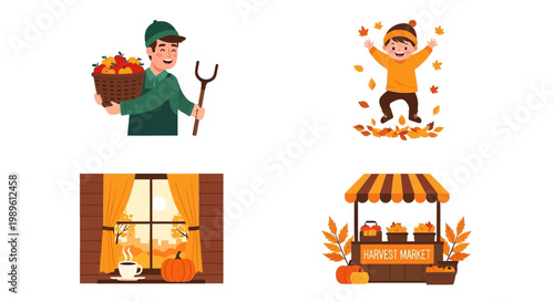 Flat design vector illustration of harvest market scene showing happy people gathering autumn produce under warm sunlight for lifestyle commerce