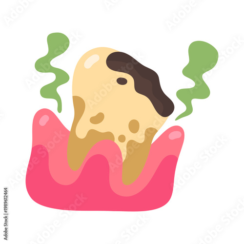 Dental Trouble Caries Tooth with Gum Inflammation Causing Foul Breath Cartoon Style
