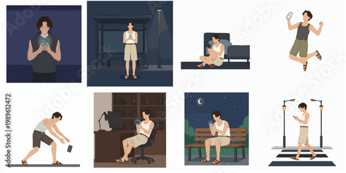 Flat Pixelated Man Using Cellphone in Different Situations Illustration