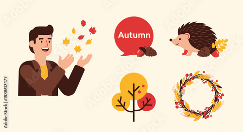 Autumn season illustration featuring happy person enjoying fall foliage with warm sunlight