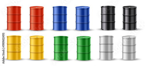 Metal oil barrels set. Vector realistic fuel drums with industrial surface and cylindrical form. Storage, transportation and energy supply elements. Industry, logistics and resource management