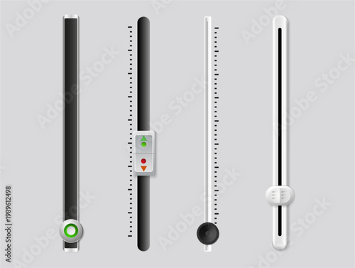 Metallic sliders, knobs and controllers. Vector collection of realistic vertical adjustment bars with scale marks, round handles and digital interface elements. Audio equipment and control panel