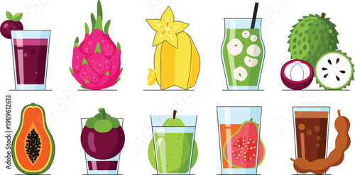Tropical Exotic Fruit Juice Vector Icon Set Featuring Dragon Fruit Starfruit Soursop Mangosteen Papaya Guava and Tamarind Drinks for Healthy Organic Cafe Menu Designs