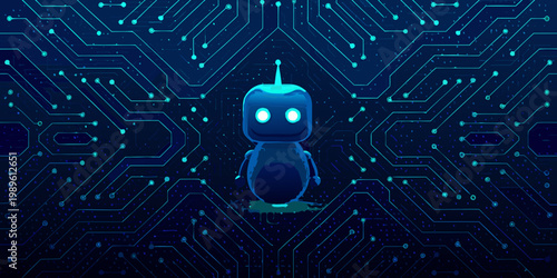 A blue robot stands centered within a complex digital circuit background