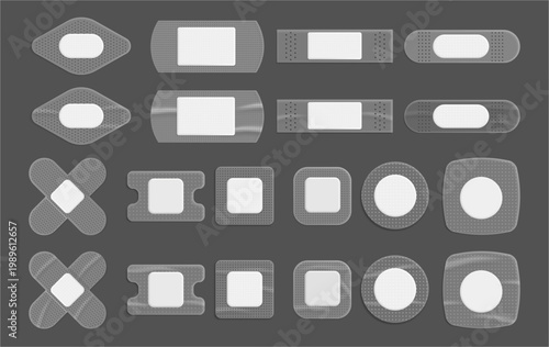 Medical plasters with soft edges and protective central pads. Vector isolated transparent first aid bandages. Realistic plasters in oval and round, rectangle and square, rhombus and cross shaped form