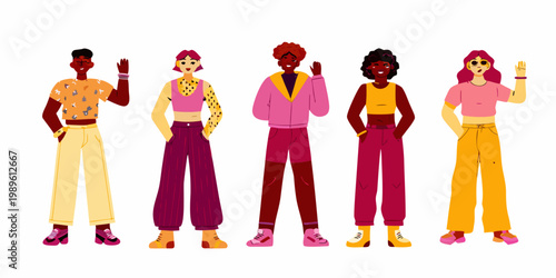 Diverse group of young adults showcasing modern colorful fashion styles