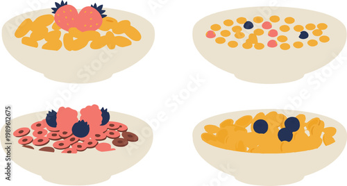 Set of Healthy Breakfast Cereal Bowls with Fresh Berries Strawberries and Blueberries in Flat Vector Illustration Style for Morning Meal Nutrition and Healthy Lifestyle Design Isolated on White