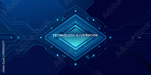 Abstract blue geometric background with a central technology illustration