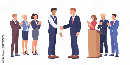 Business professionals celebrate a successful deal with a handshake and applause