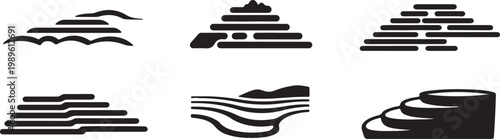 Rice terraces lanscape lines icon set, flat black vector design
