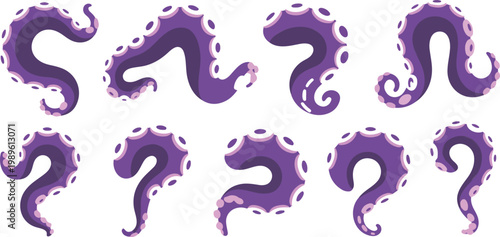Purple octopus tentacles vector illustration set with suckers and curved arms for sea monster or marine life design