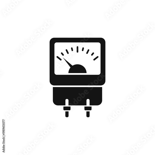 Black and White Ammeter Icon with Needle and Terminals.