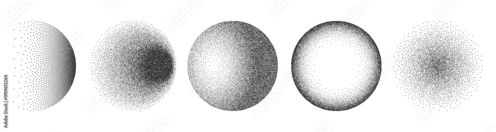 Obraz premium Noise grainy texture circles set, pointillism gradient dots. Vector grunge round shaped with dotwork elements. Monochrome subtle lighting effect of color transition. Sand grain reflection