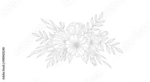 Delicate floral arrangement with leaves and blossoms in white outline style.
