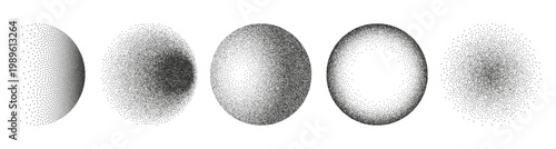 Noise grainy texture circles set, pointillism gradient dots. Vector grunge round shaped with dotwork elements. Monochrome subtle lighting effect of color transition. Sand grain reflection