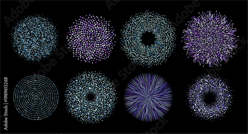 Abstract circular compositions formed with dot structure. Vector radial arrangement with points gradient transition. Round shape digital backgrounds. Optical illusion and decorative circle formation