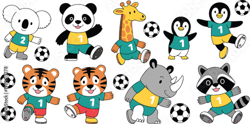 Cute cartoon animal soccer players vector set featuring panda tiger koala penguin giraffe rhino and raccoon playing football