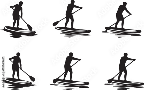 Stand up paddelboarding icon set, flat black vector icons