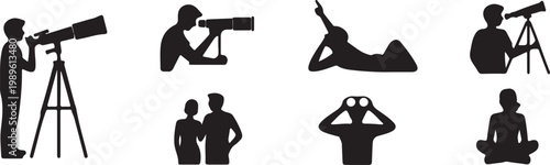 Stargazing icon set, flat black people with telescope looking up vector icons