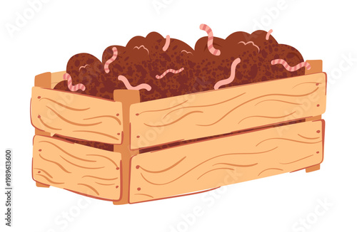 Compost box with organic waste and worms, eco recycling composting vector