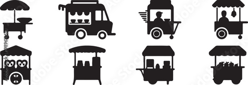 Street food vendor icon set, flat black mobile cart, stall, shop vector icons