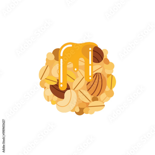 Flat Vector Illustration of a Healthy Granola Cluster with Oats, Cashews, Almonds and Dripping Honey Drizzle