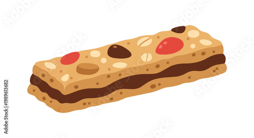 Cereal or Granola Energy Bar Illustration with Chocolate Filling, Nuts, Oats and Red Berries Isolated on White Background