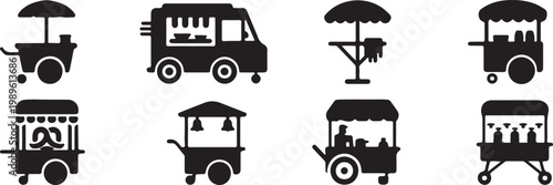 Street food vendor icon set, mini stall or shop