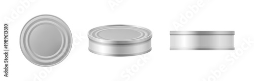 Minimalist realistic tin cans set. Vector metallic containers, side and top views. Food packaging presentations and supermarket product. Commercial advertising or metal storagebox demonstrations