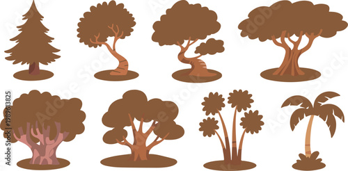 Various green tree vector illustration set featuring pine palm oak and tropical species for nature forest and landscape design