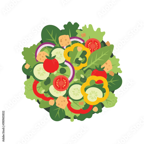 Top view flat vector illustration of a healthy fresh garden salad featuring lettuce spinach tomatoes cucumbers bell peppers red onions and croutons isolated on white background