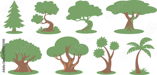 Various green tree vector illustration set featuring pine palm oak and tropical species for nature forest and landscape design