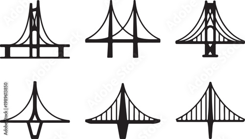 Suspension bridges icon set, flat black vector icons