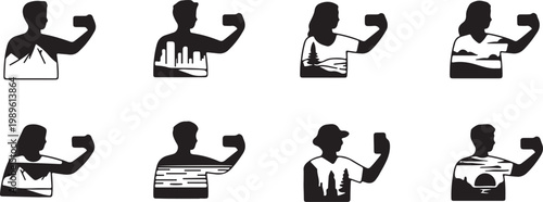 Taking selfie with a scenic background icon set, flat black male and female vector icons