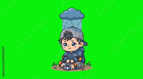 Sad Cartoon Boy Crying Under a Rain Cloud with Tears.