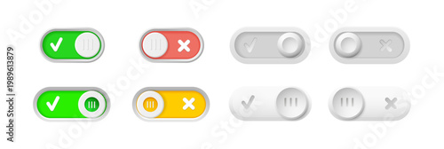 Toggle switch button in on and off, block and unblock positions. Vector user interface design and app controls, settings or interactive dashboards. Activation and approval, enable and disable actions